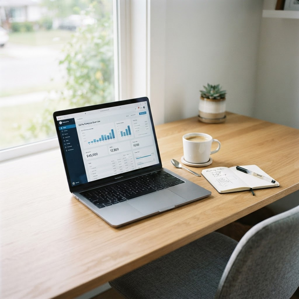 A bright desk with a laptop showing a dashboard beside a cup of coffee